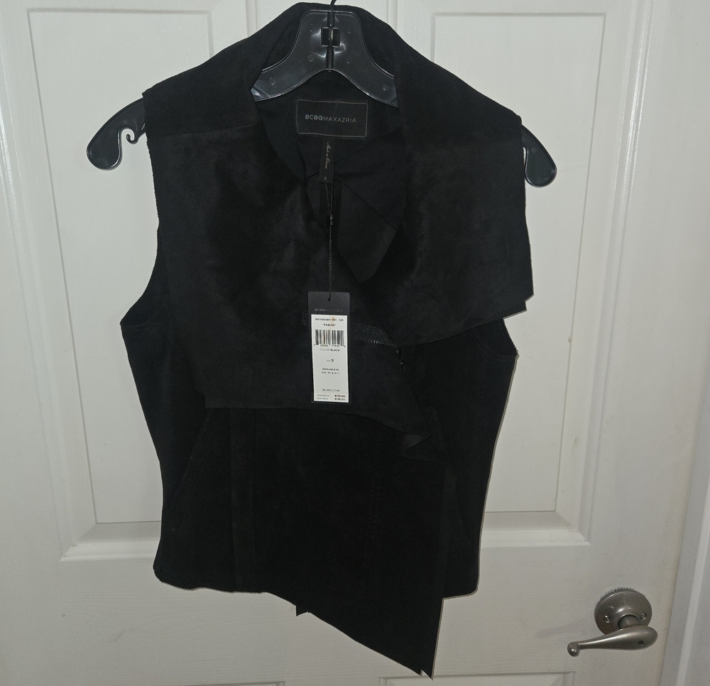 BCBGMaxAzria Black Suede Draped Asymmetrical Vest